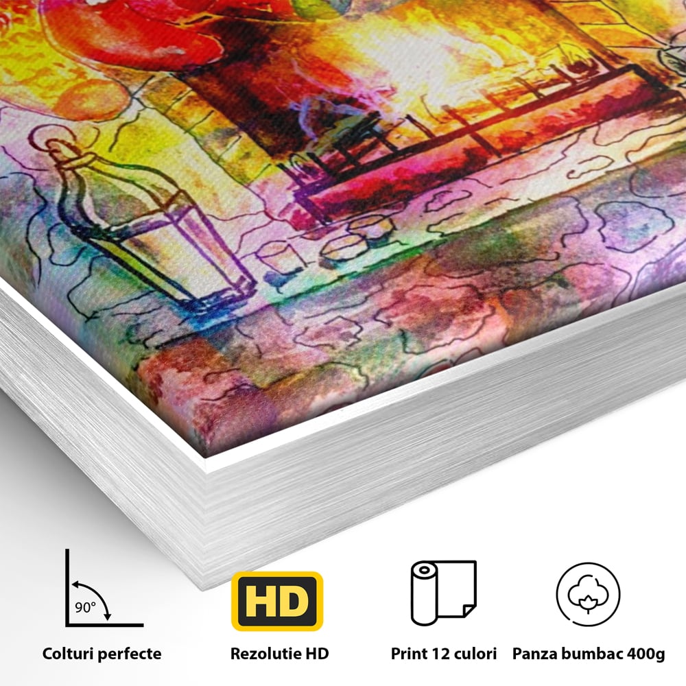 Detaliu al suprafetei: tablou canvas cu peisaj festiv de craciun, in rama de aluminiu argintiu